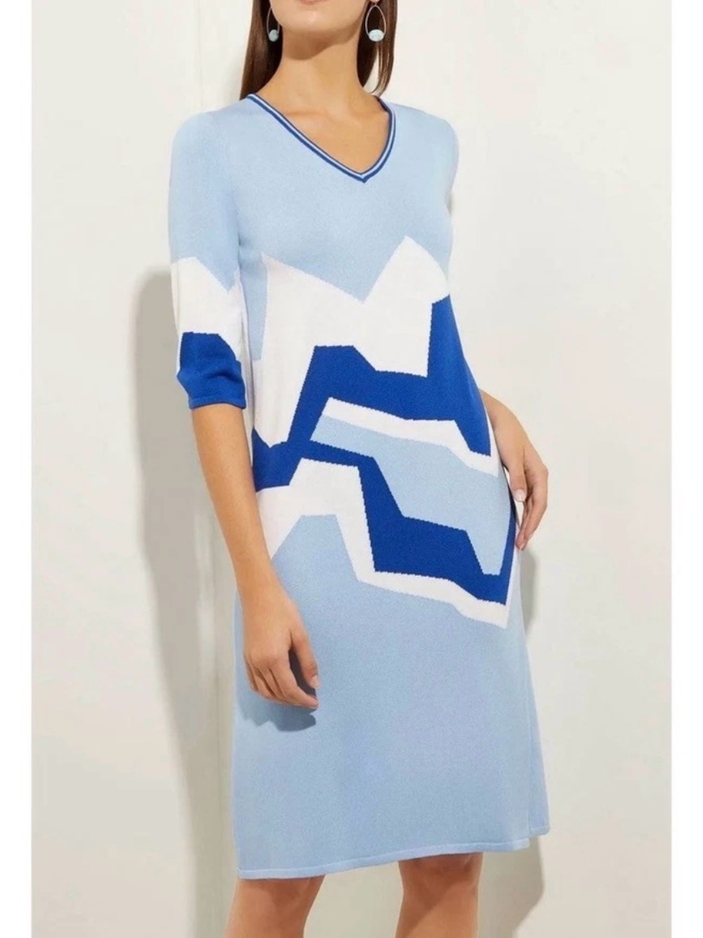Misook Mountain Landscape Geometric Colorblock Oversized V-Neck Knit Midi Dress